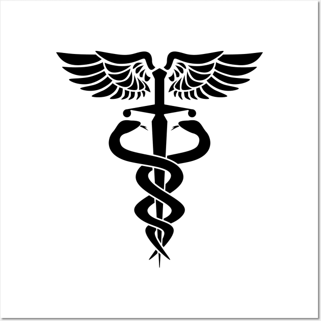 Caduceus medical symbol with two snakes sword and wings Wall Art by hobrath